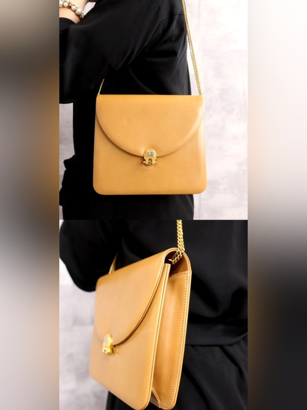 Vintage Christian Dior Tan Leather Crossbody with Gold Chain